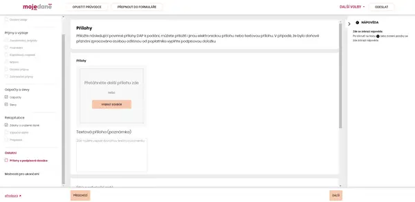 Dokumenty nahrajete jednoduchým přetažením nebo vybráním souboru v levé sekci Ostatní/ Přílohy a podpisová doložka.