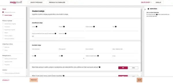 Levý sloupec seznam stránek formuláře, prostřední část je místo pro vyplnění údajů.